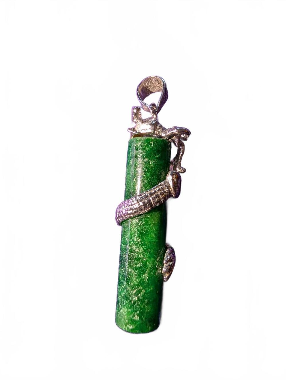 Green Stone Pendant with Silver Dragon Design